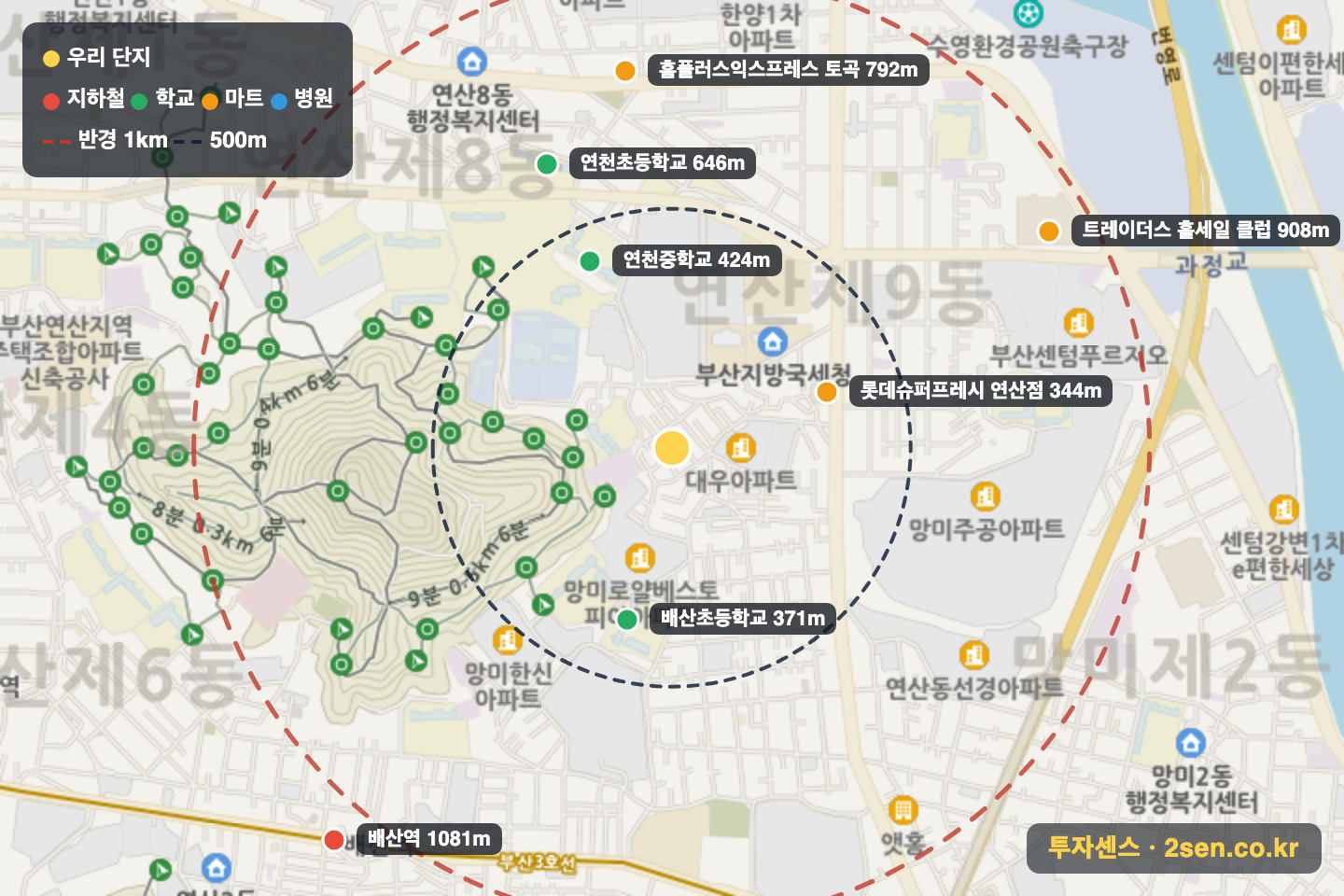 세화 반경 1km 입지 지도(지하철·학교·마트)