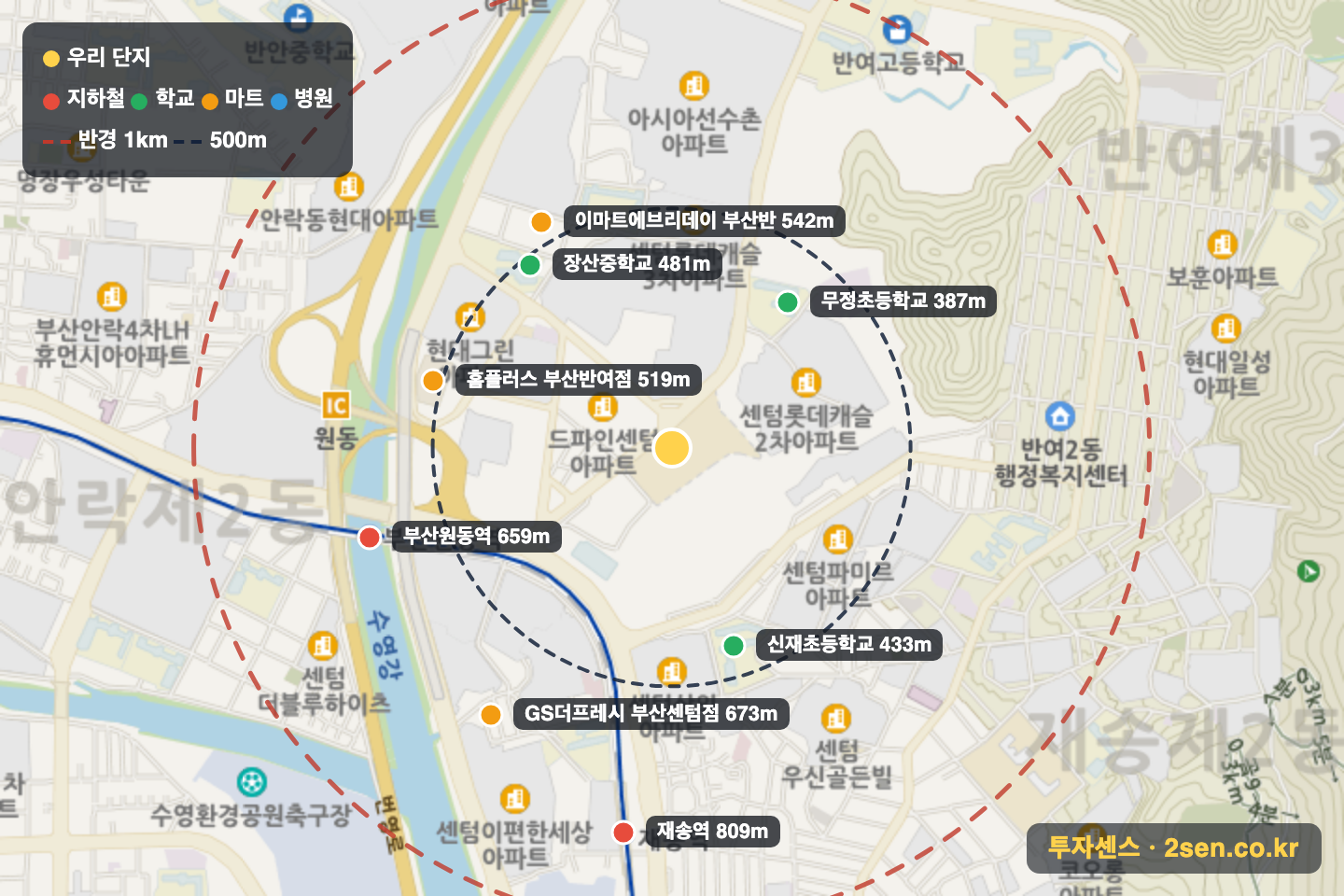 센텀KCC스위첸 반경 1km 입지 지도(지하철·학교·마트)