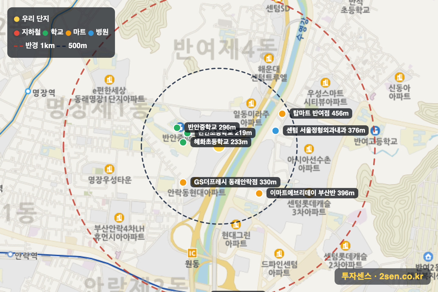 센텀SKVIEW아파트 반경 1km 입지 지도(지하철·학교·마트)