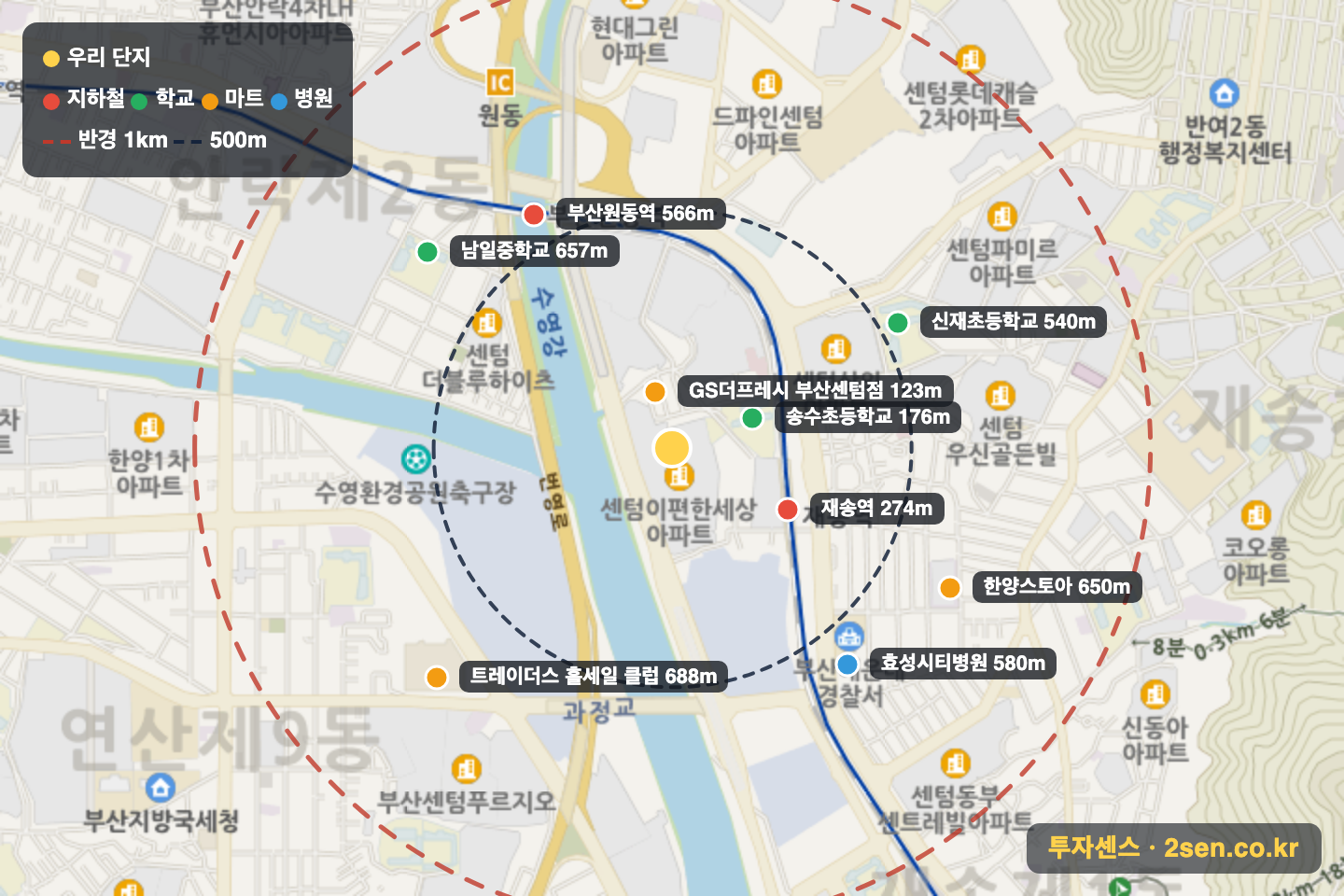 센텀이편한세상 반경 1km 입지 지도(지하철·학교·마트)