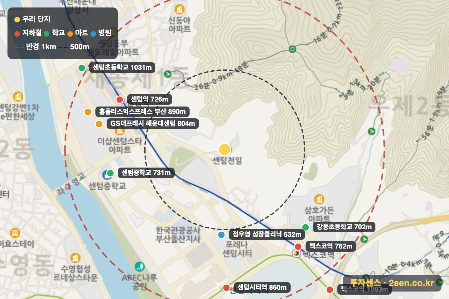 센텀천일스카이원 반경 1km 입지 지도(지하철·학교·마트)