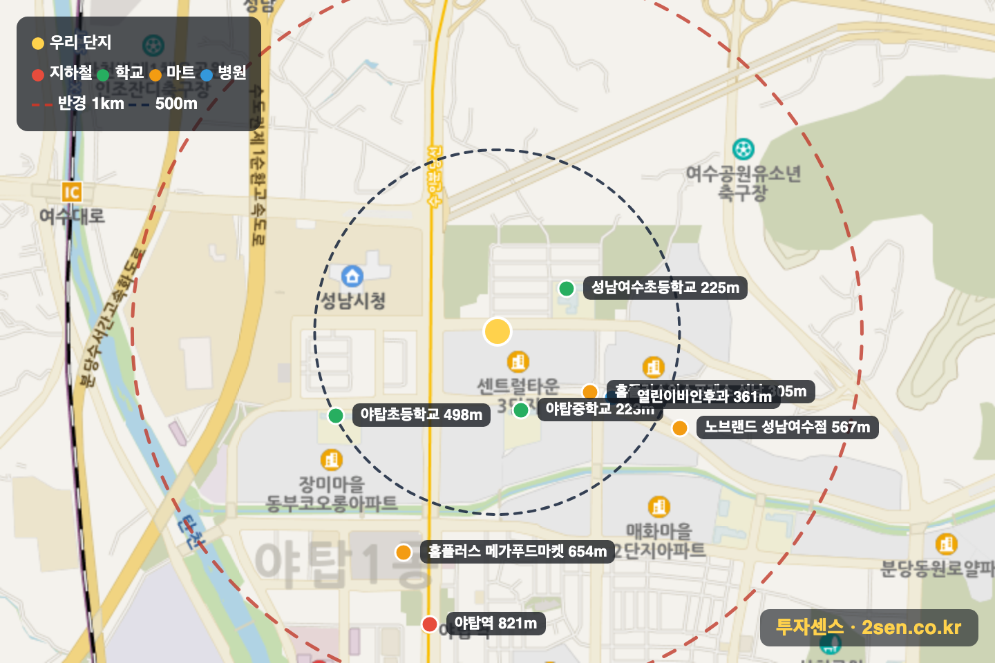 센트럴타운(3단지) 반경 1km 입지 지도(지하철·학교·마트)