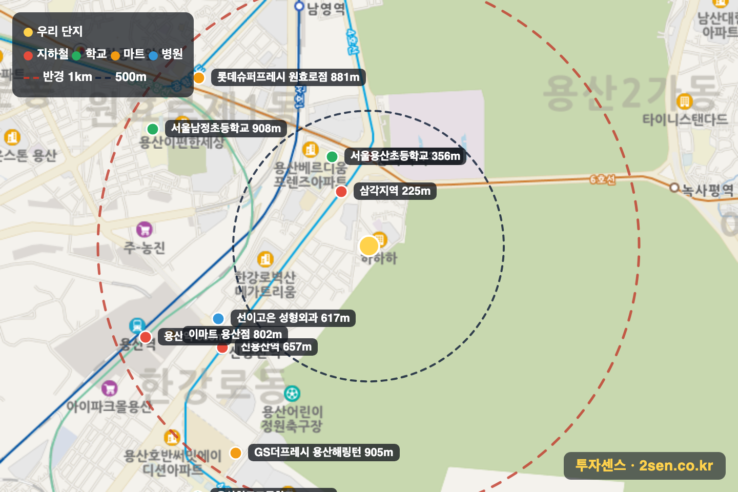 센트럴파크 반경 1km 입지 지도(지하철·학교·마트)