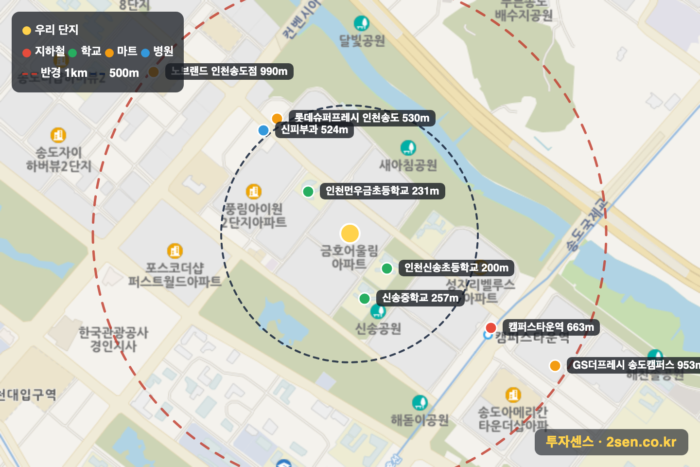 송도금호어울림 반경 1km 입지 지도(지하철·학교·마트)