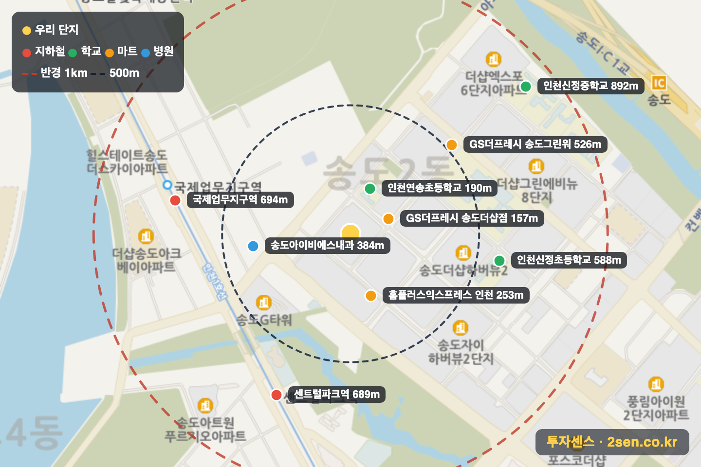 송도더샵그린워크3차(18-1블럭) 반경 1km 입지 지도(지하철·학교·마트)