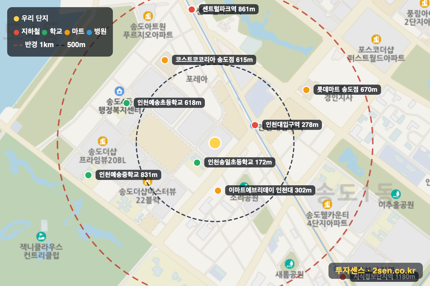 송도더샵파크애비뉴 반경 1km 입지 지도(지하철·학교·마트)