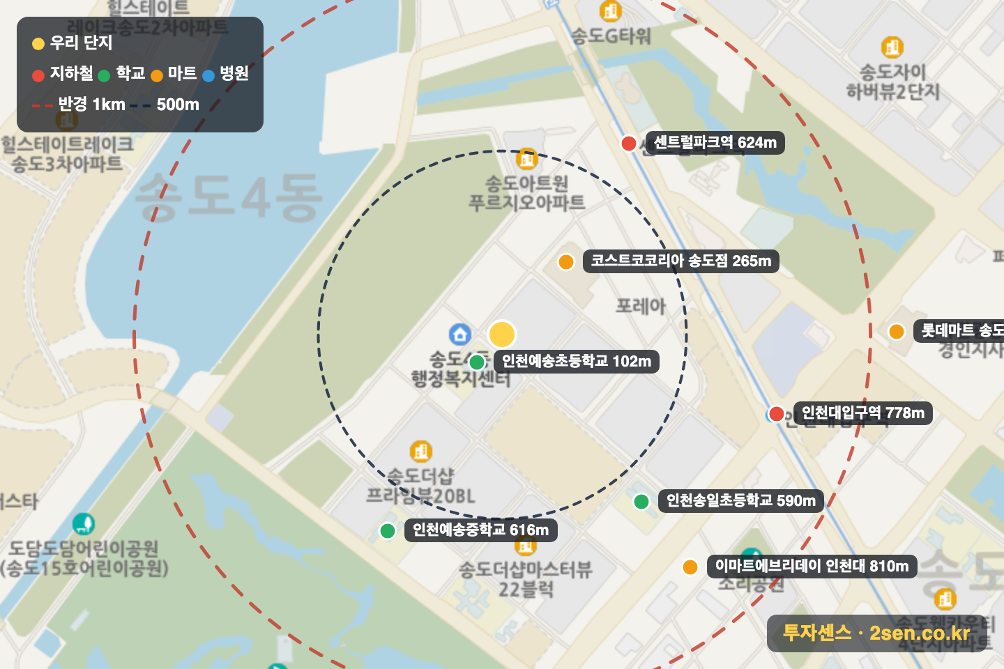 송도더샵퍼스트파크F13-1BL 반경 1km 입지 지도(지하철·학교·마트)