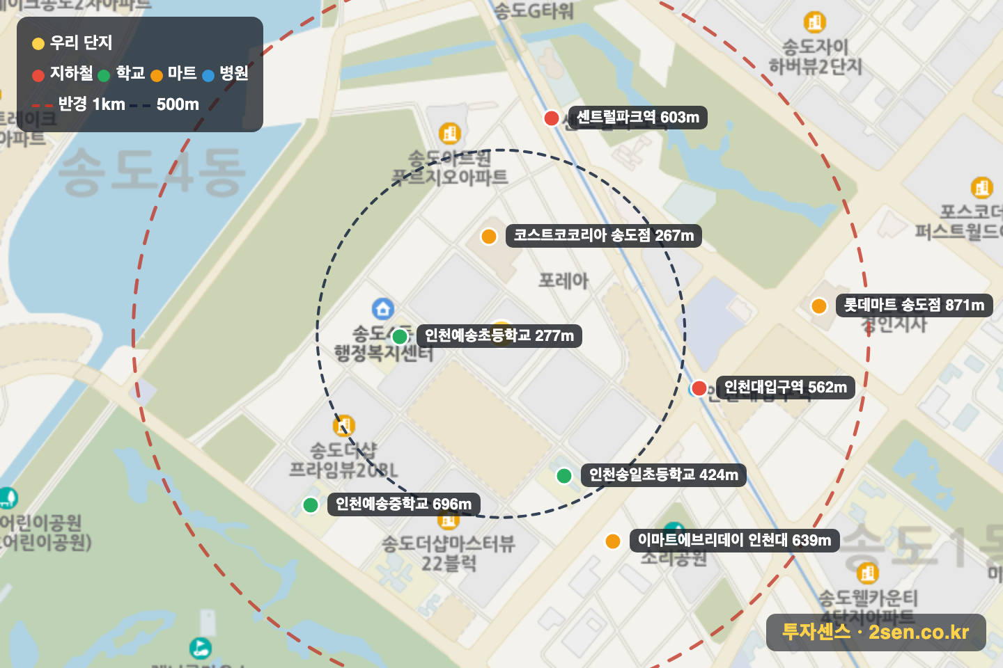 송도더샵퍼스트파크F14BL 반경 1km 입지 지도(지하철·학교·마트)