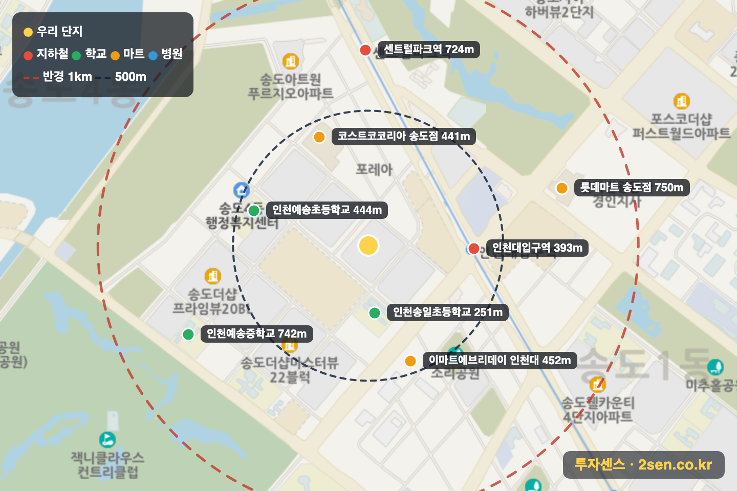 송도더샵퍼스트파크F15BL 반경 1km 입지 지도(지하철·학교·마트)