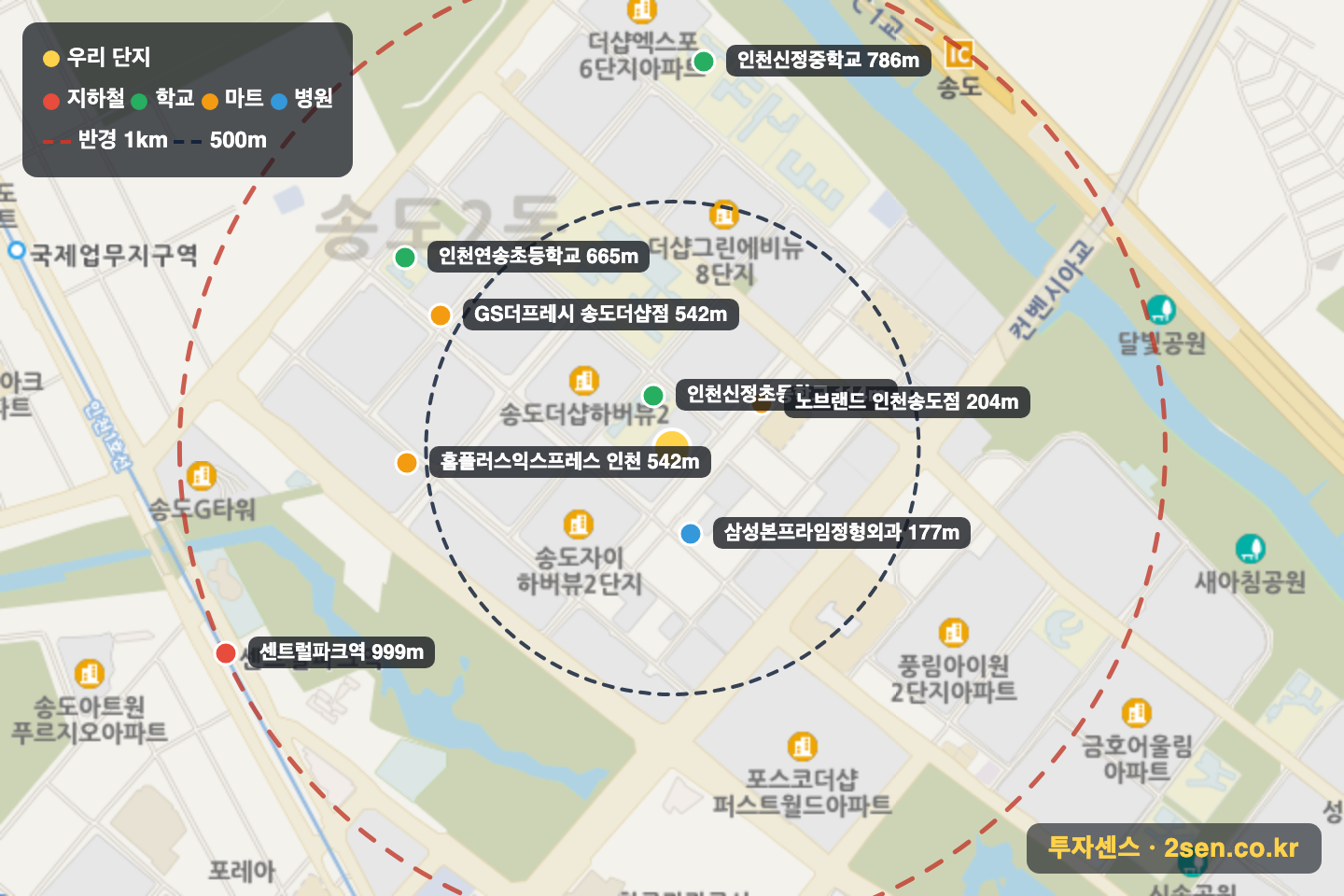송도더샵하버뷰(D14) 반경 1km 입지 지도(지하철·학교·마트)
