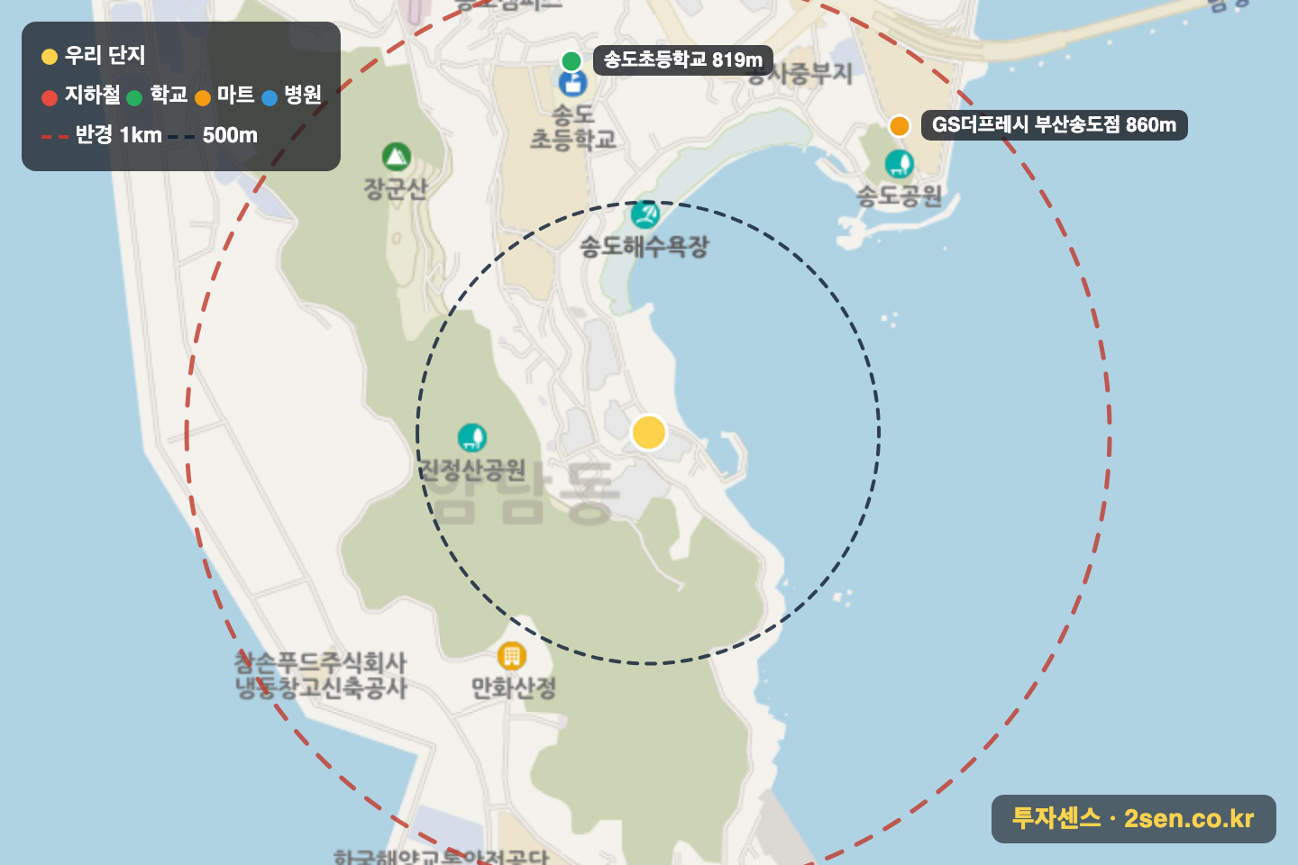 송도서린엘마르 반경 1km 입지 지도(지하철·학교·마트)