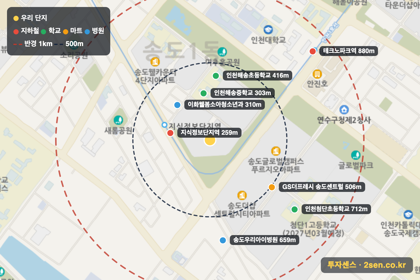 송도웰카운티1단지 반경 1km 입지 지도(지하철·학교·마트)