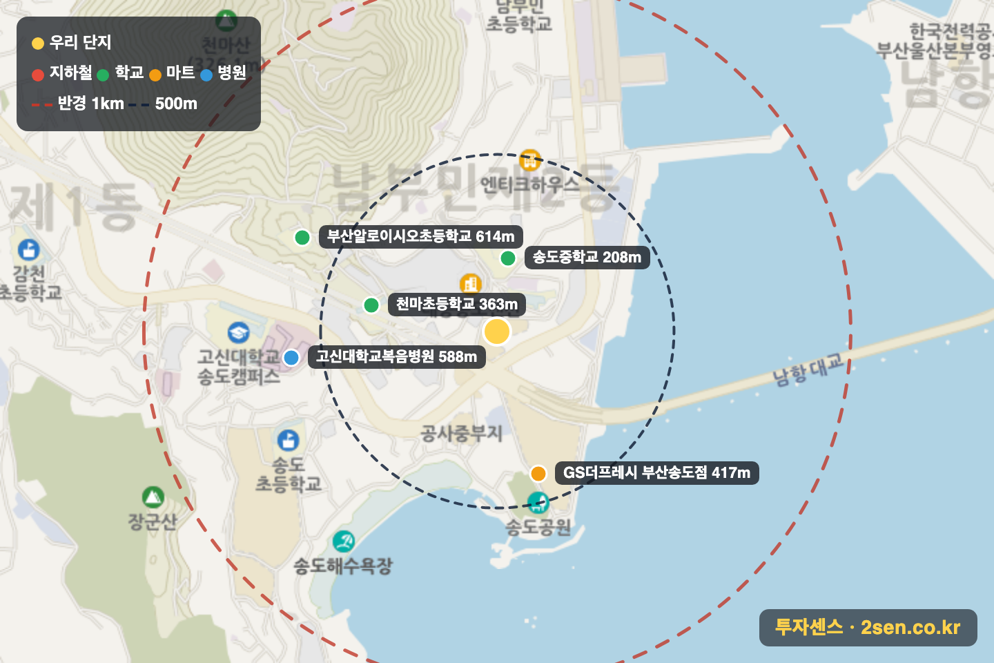 송도자이르네디오션 반경 1km 입지 지도(지하철·학교·마트)