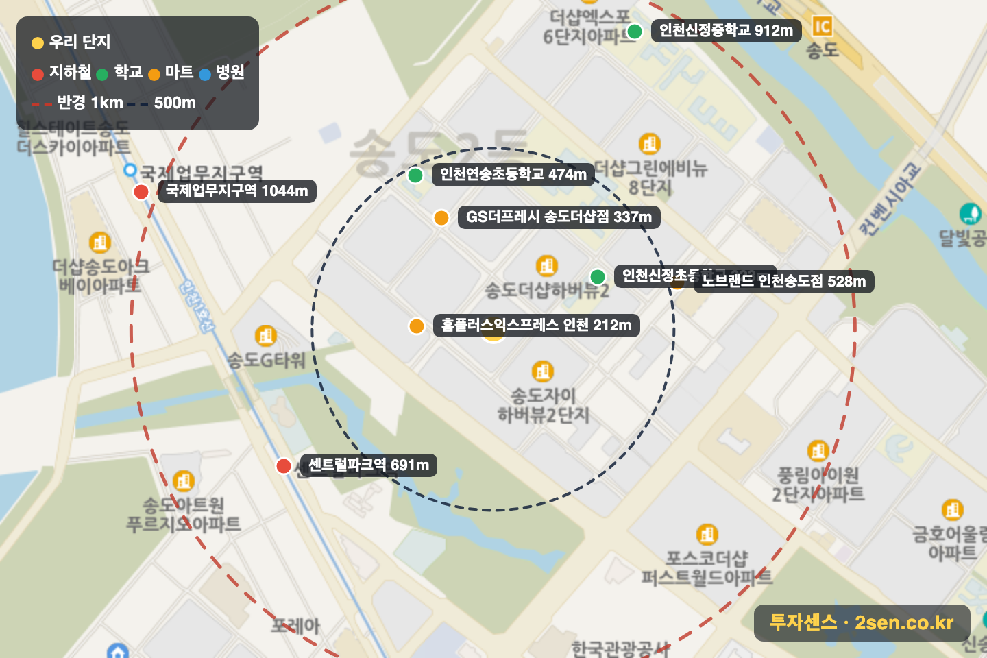 송도자이하버뷰1단지 반경 1km 입지 지도(지하철·학교·마트)