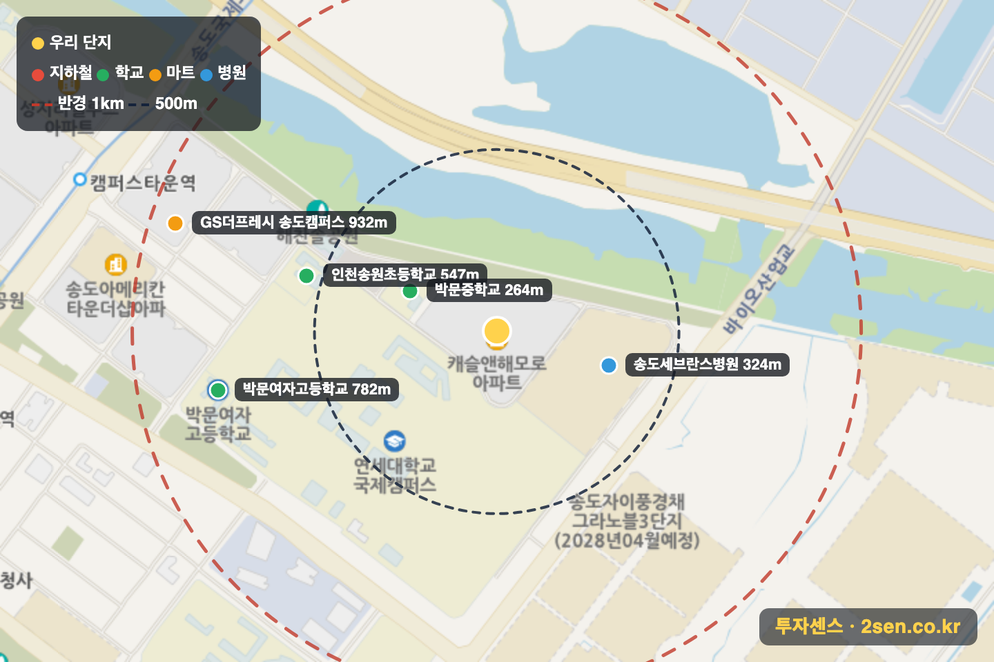 송도캐슬&해모로 반경 1km 입지 지도(지하철·학교·마트)