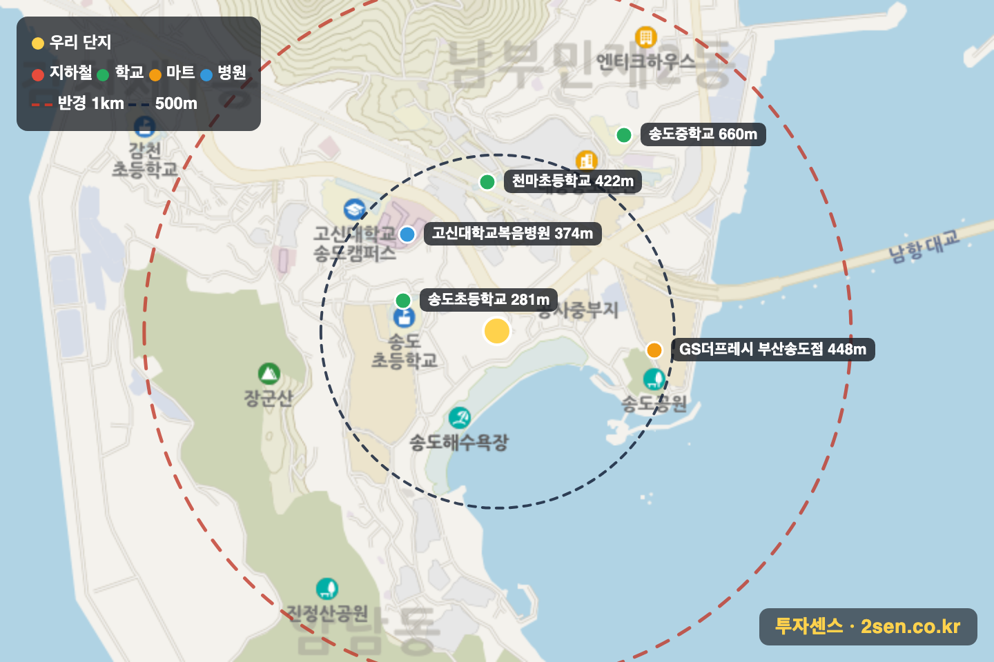 송도탑스빌 반경 1km 입지 지도(지하철·학교·마트)