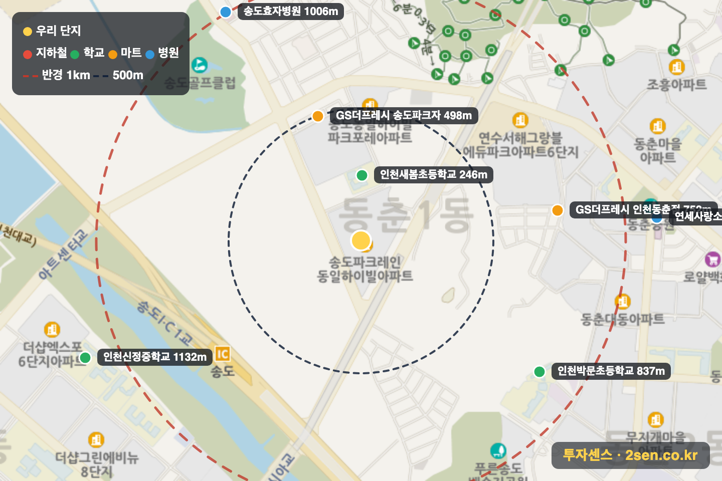 송도파크레인동일하이빌 반경 1km 입지 지도(지하철·학교·마트)