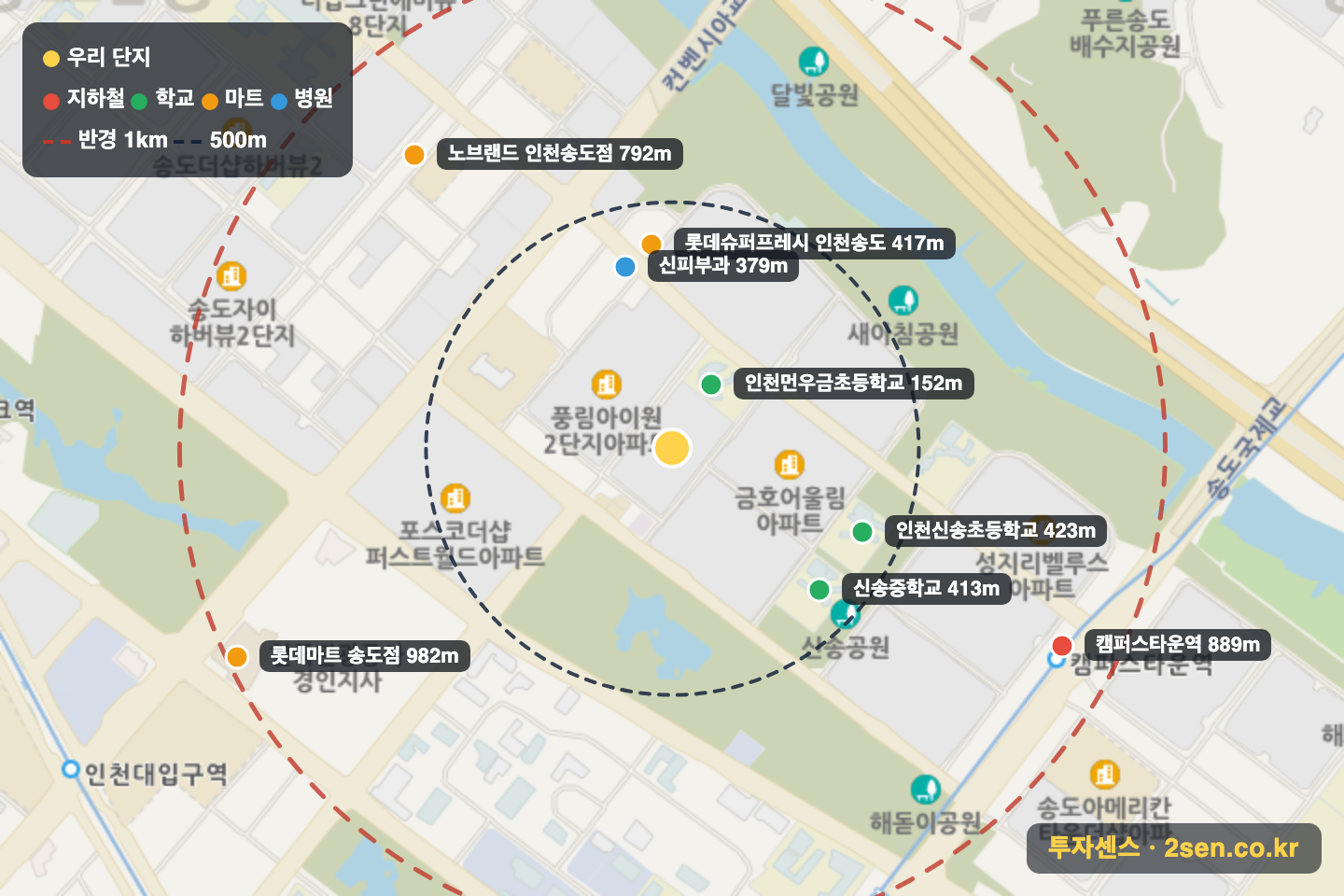 송도풍림아이원3단지 반경 1km 입지 지도(지하철·학교·마트)