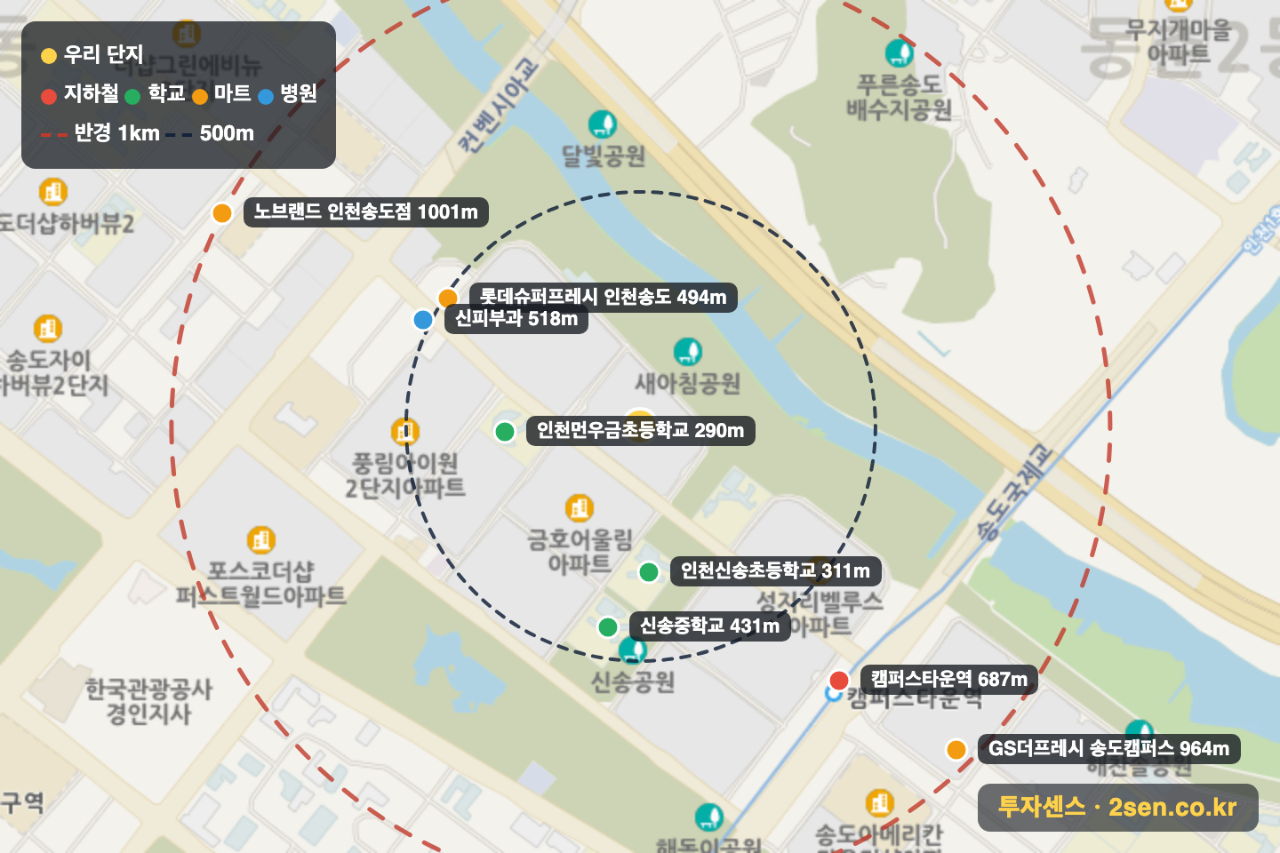 송도풍림아이원4단지 반경 1km 입지 지도(지하철·학교·마트)