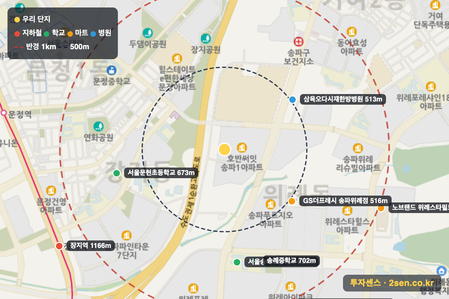 송파레이크파크호반써밋Ⅰ 반경 1km 입지 지도(지하철·학교·마트)