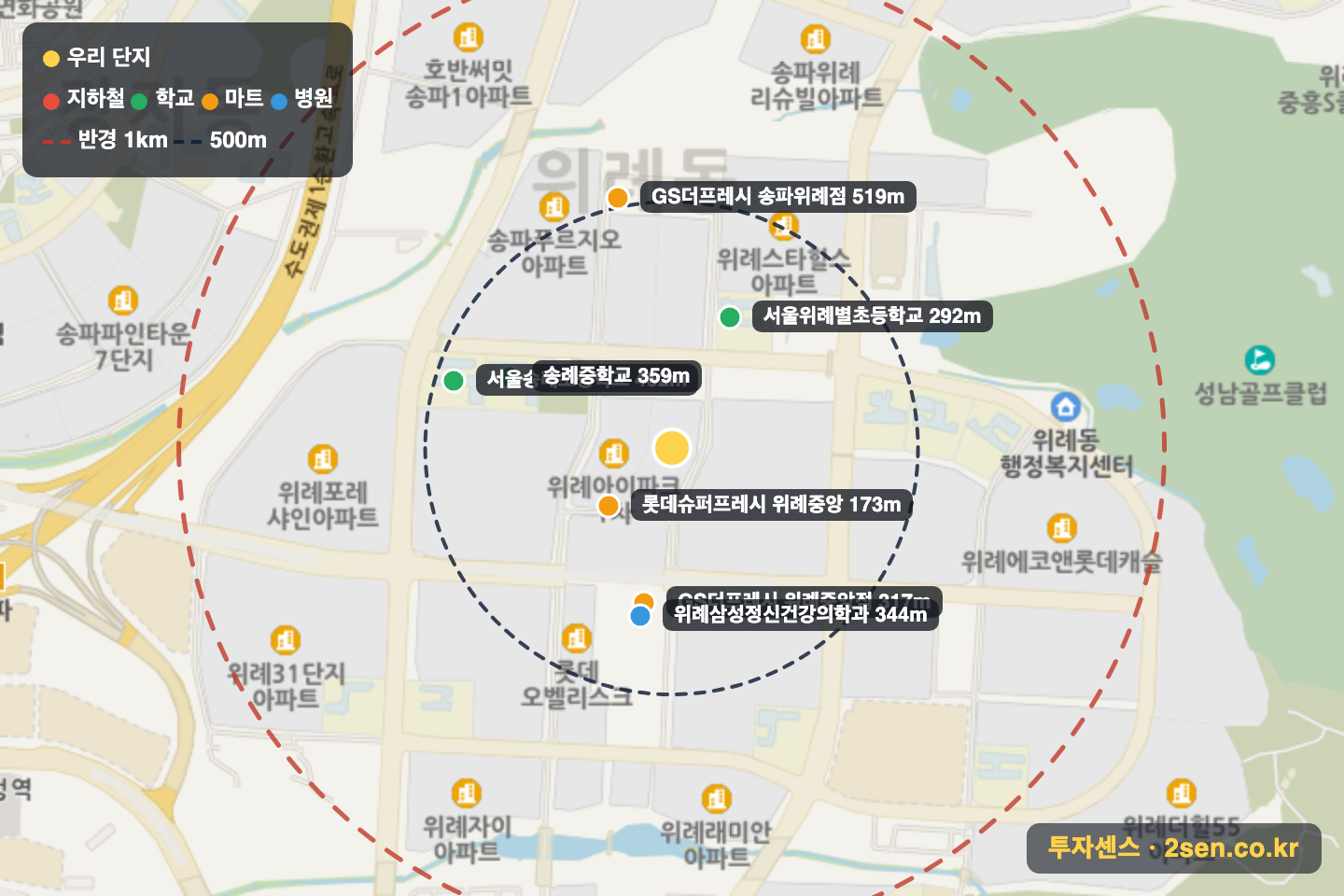 송파와이즈더샵 반경 1km 입지 지도(지하철·학교·마트)