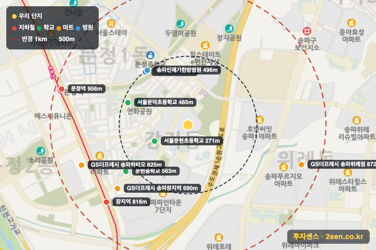 송파파인타운3단지 반경 1km 입지 지도(지하철·학교·마트)