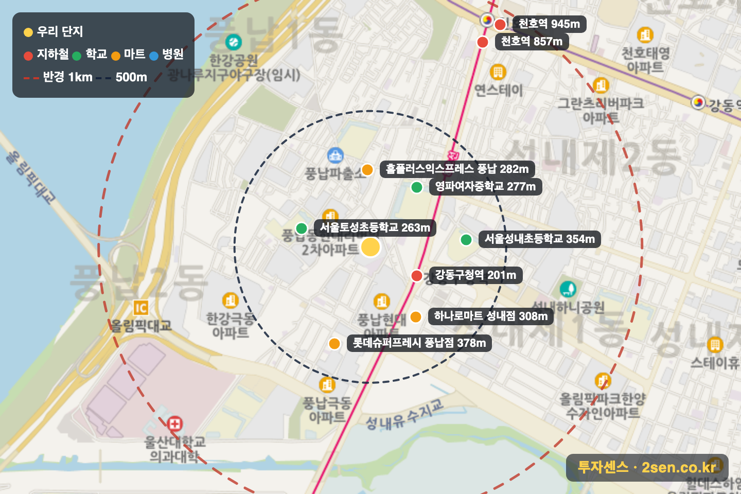 송파현대힐스테이트 반경 1km 입지 지도(지하철·학교·마트)