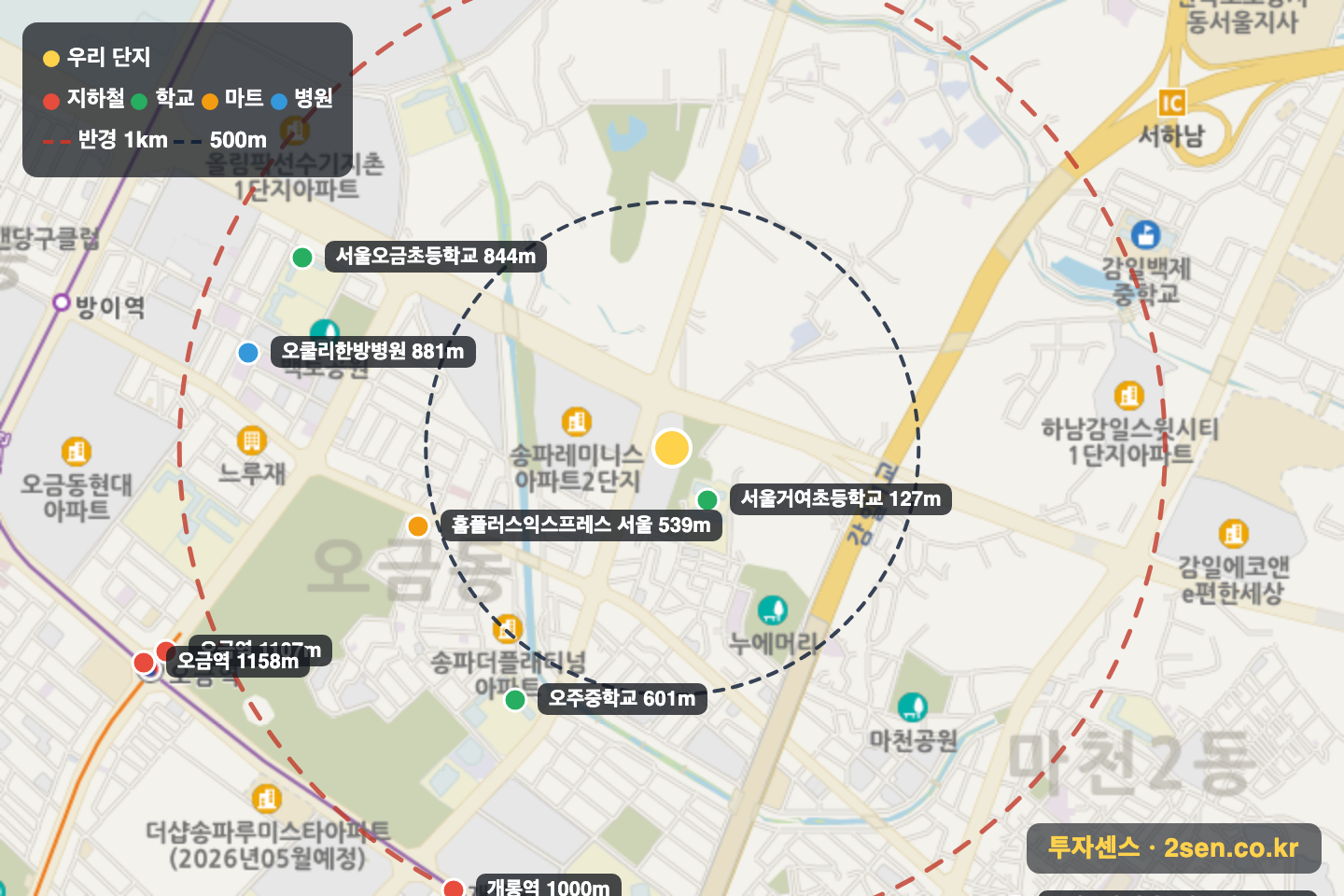 송파호반베르디움더퍼스트 반경 1km 입지 지도(지하철·학교·마트)
