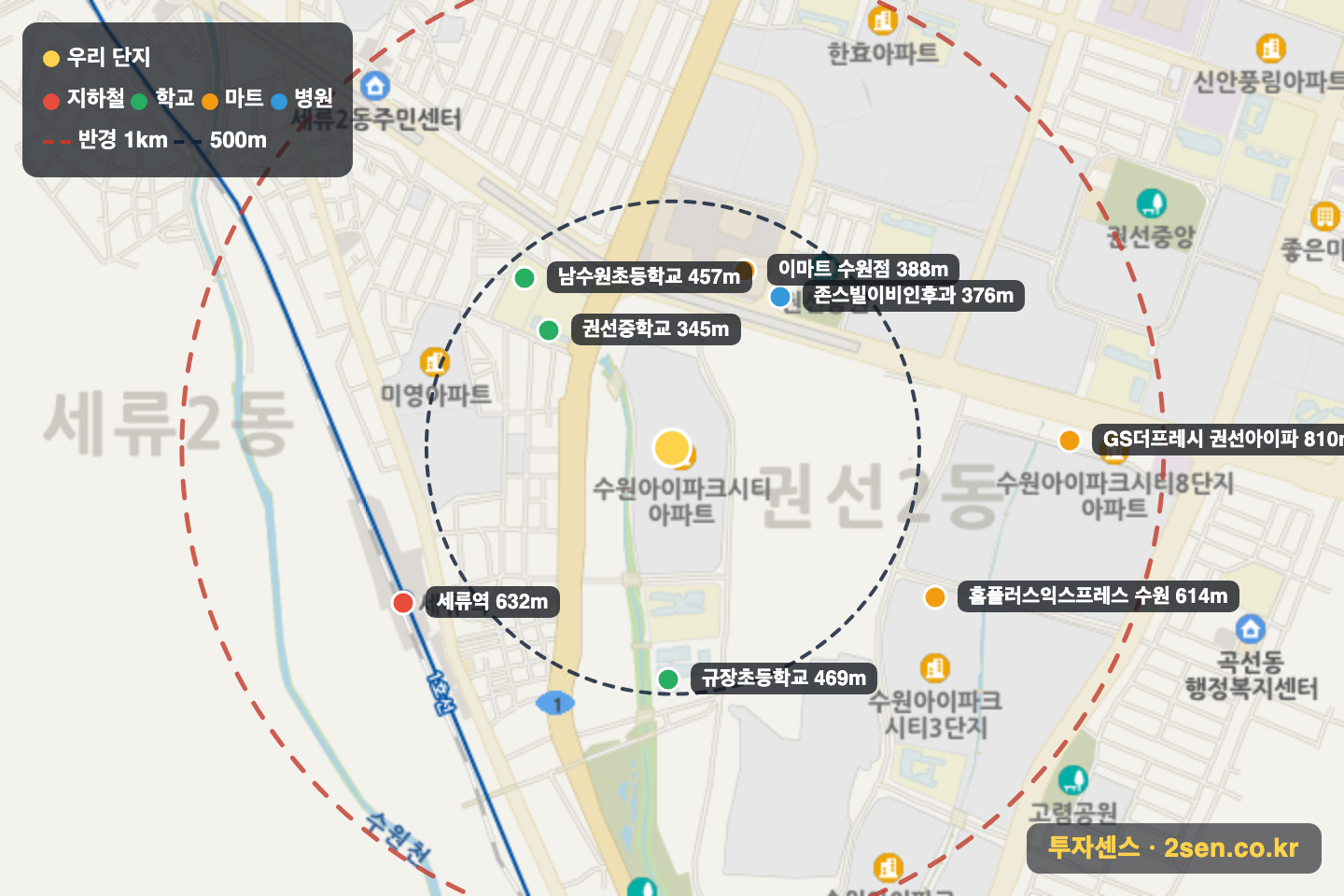 수원아이파크시티7단지 반경 1km 입지 지도(지하철·학교·마트)