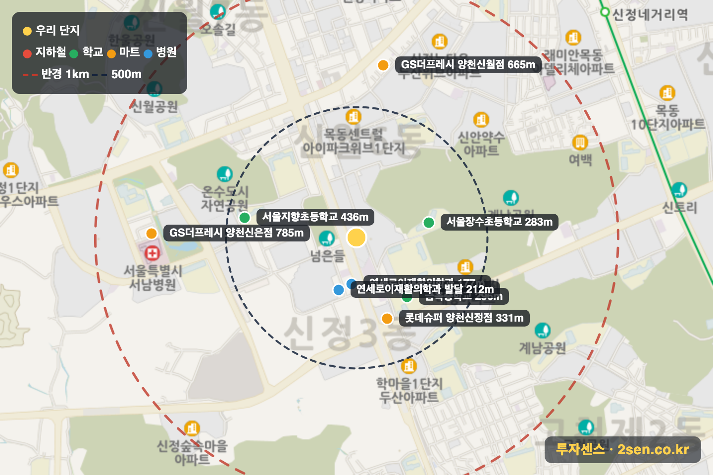 수정 반경 1km 입지 지도(지하철·학교·마트)
