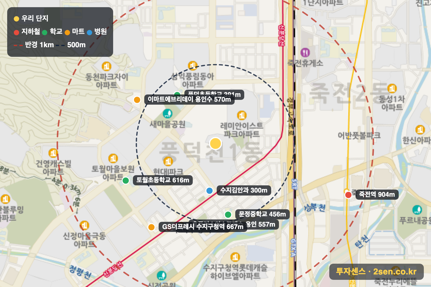 수지파크푸르지오 반경 1km 입지 지도(지하철·학교·마트)
