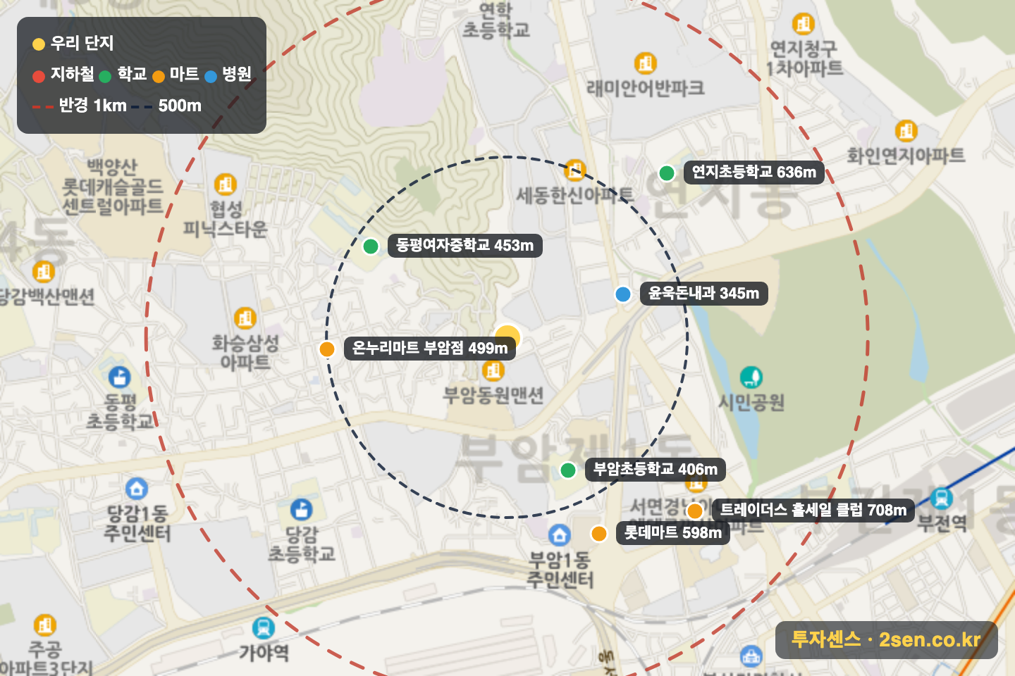 시민공원비스타동원 반경 1km 입지 지도(지하철·학교·마트)