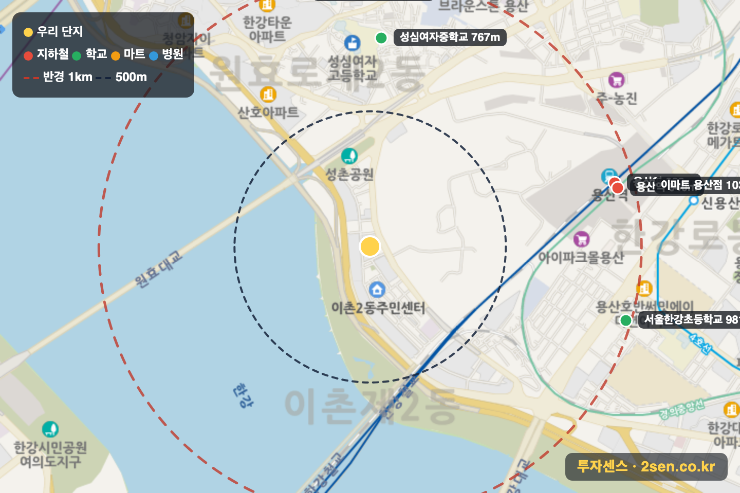시범 반경 1km 입지 지도(지하철·학교·마트)