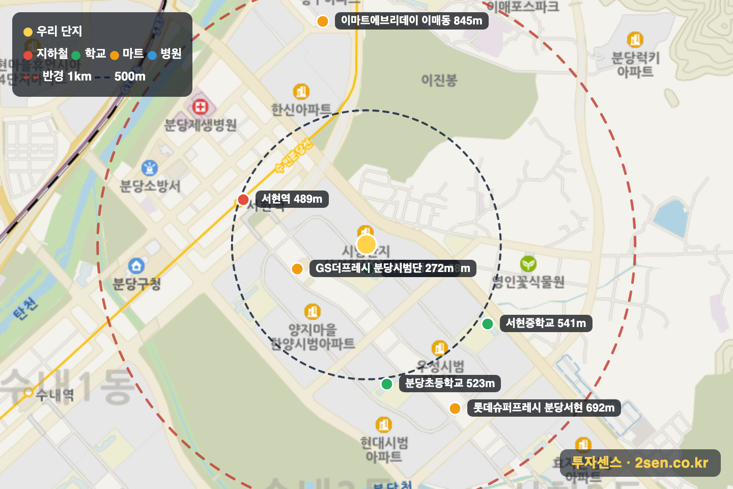 시범삼성 반경 1km 입지 지도(지하철·학교·마트)