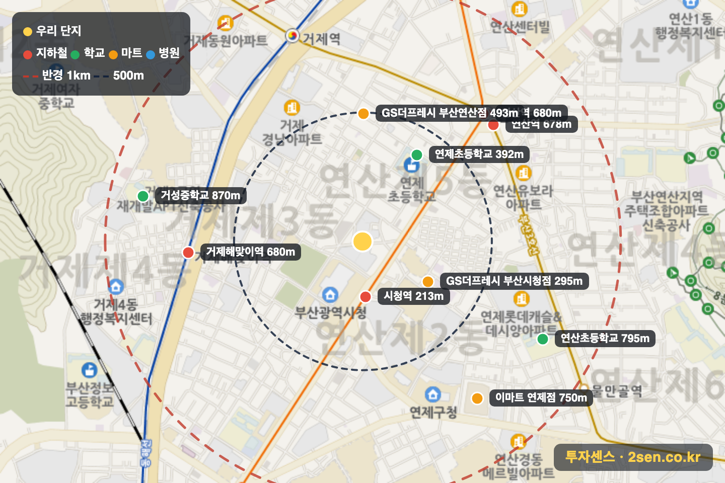 시청역SKVIEW 반경 1km 입지 지도(지하철·학교·마트)
