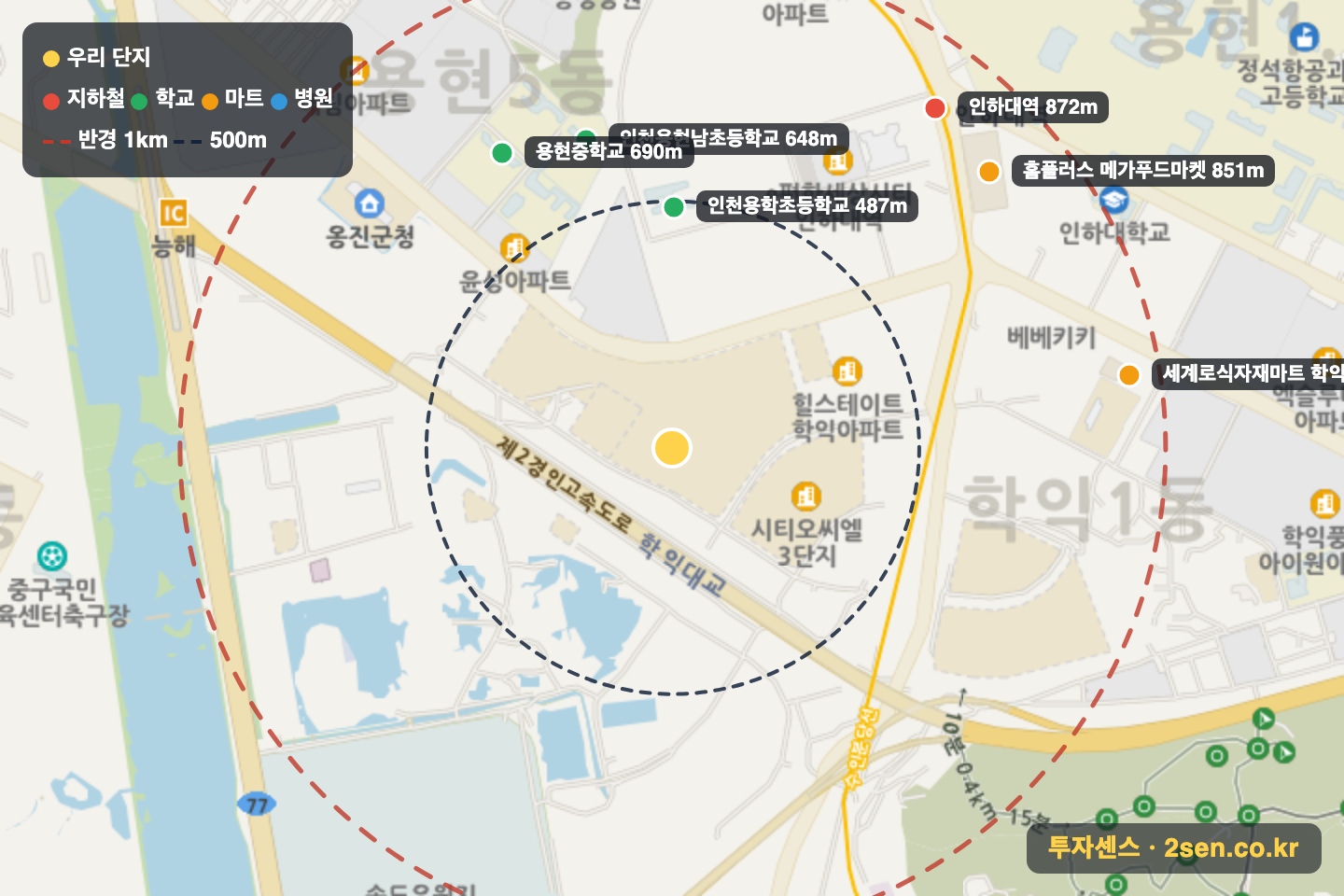 시티오씨엘1단지 반경 1km 입지 지도(지하철·학교·마트)