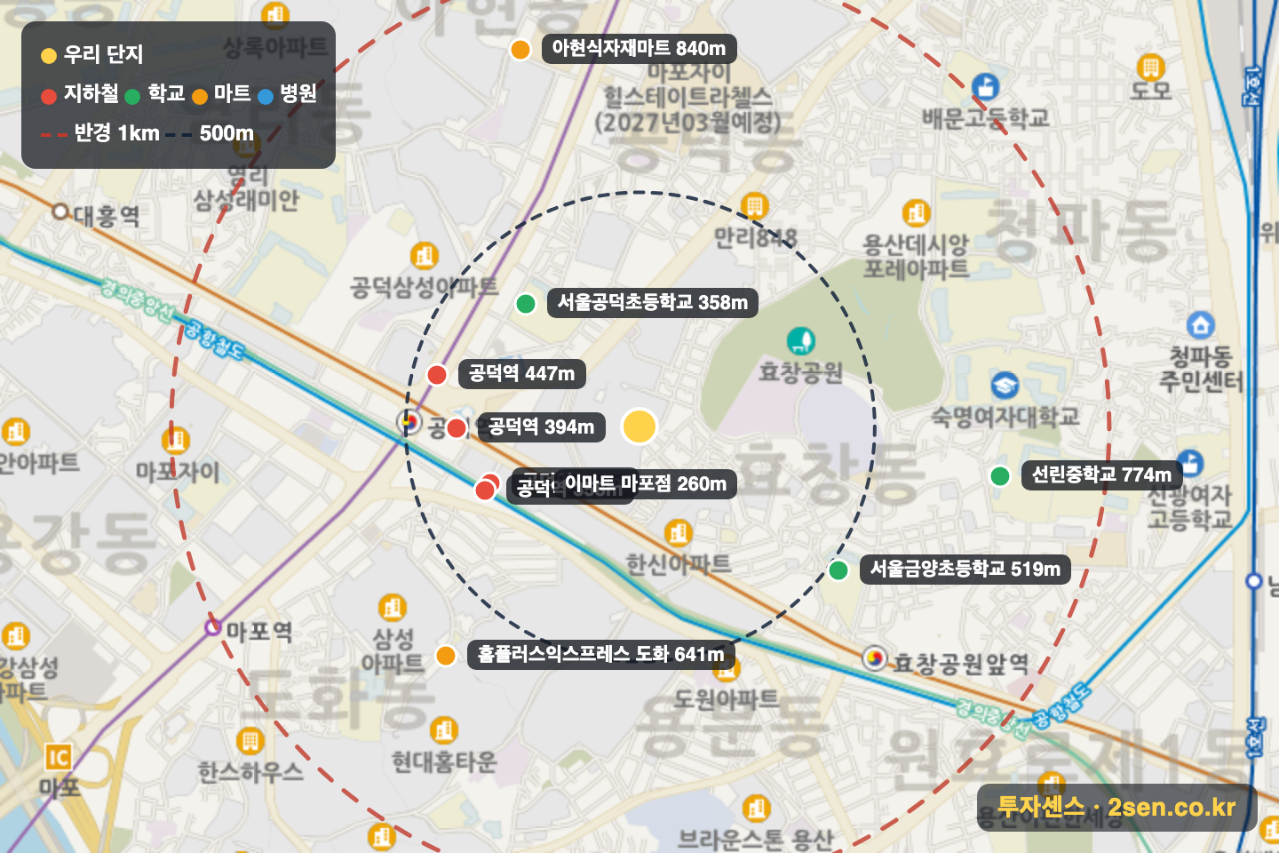 신공덕1차삼성래미안1아파트 반경 1km 입지 지도(지하철·학교·마트)