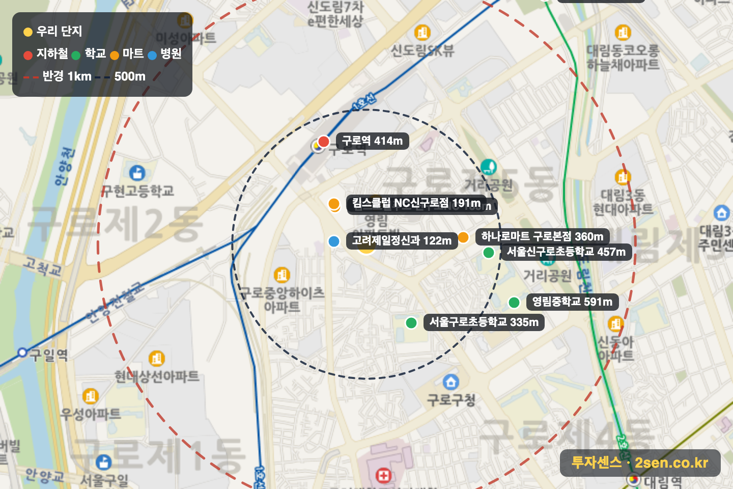 신구로자이 반경 1km 입지 지도(지하철·학교·마트)