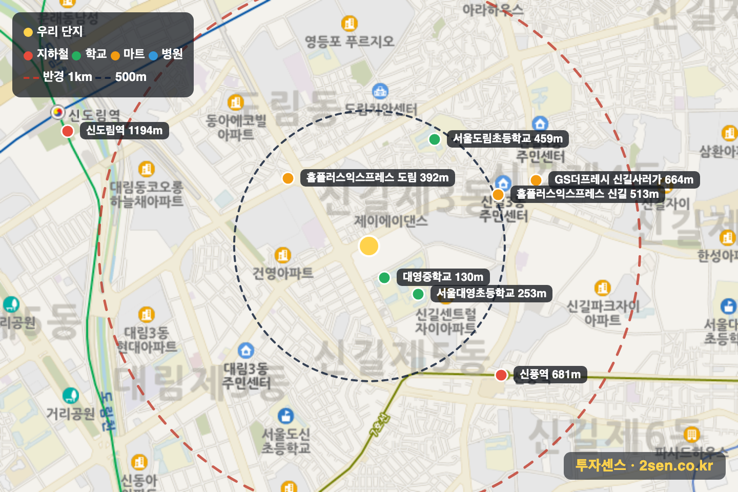 신길센트럴아이파크 반경 1km 입지 지도(지하철·학교·마트)