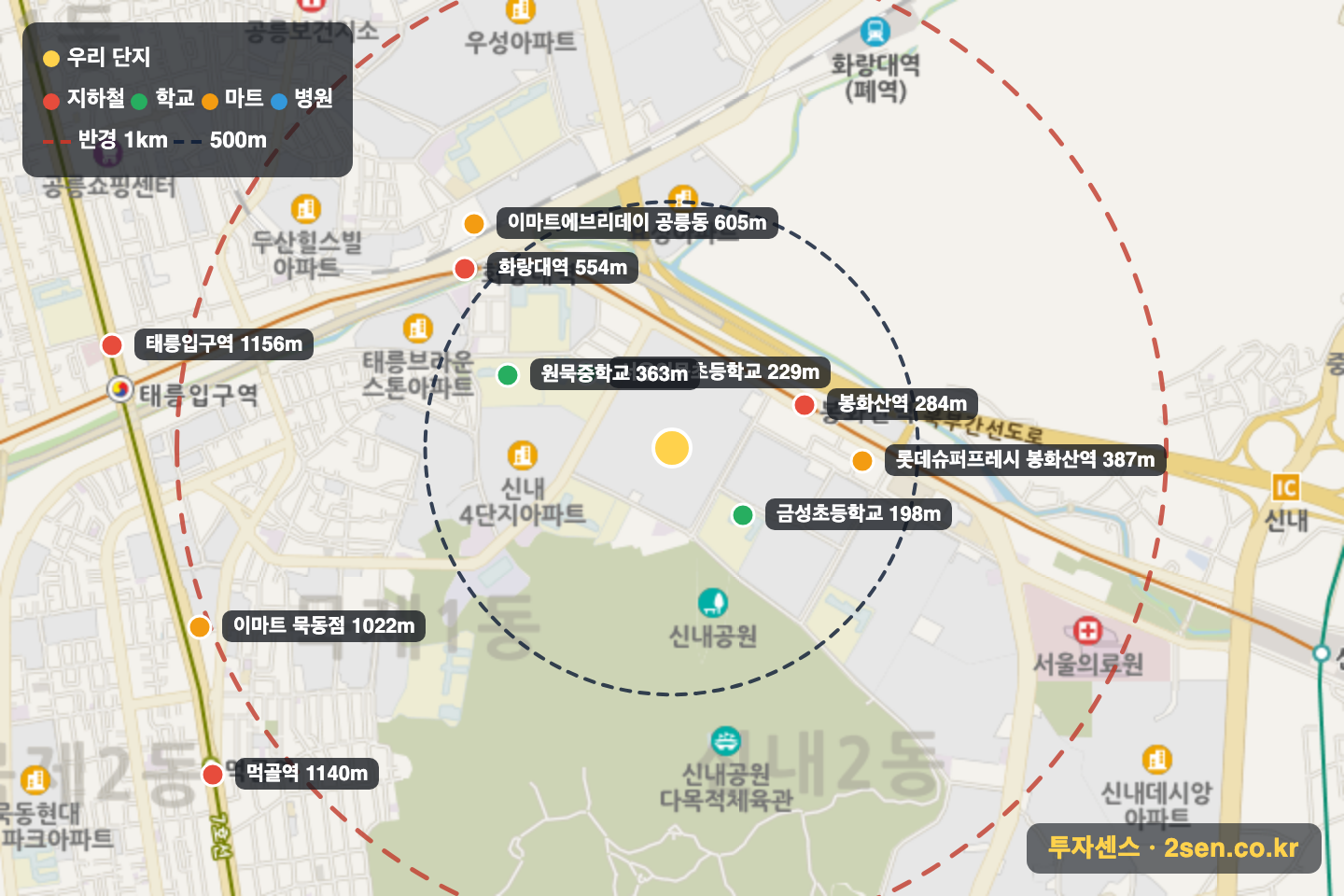신내두산아파트 반경 1km 입지 지도(지하철·학교·마트)