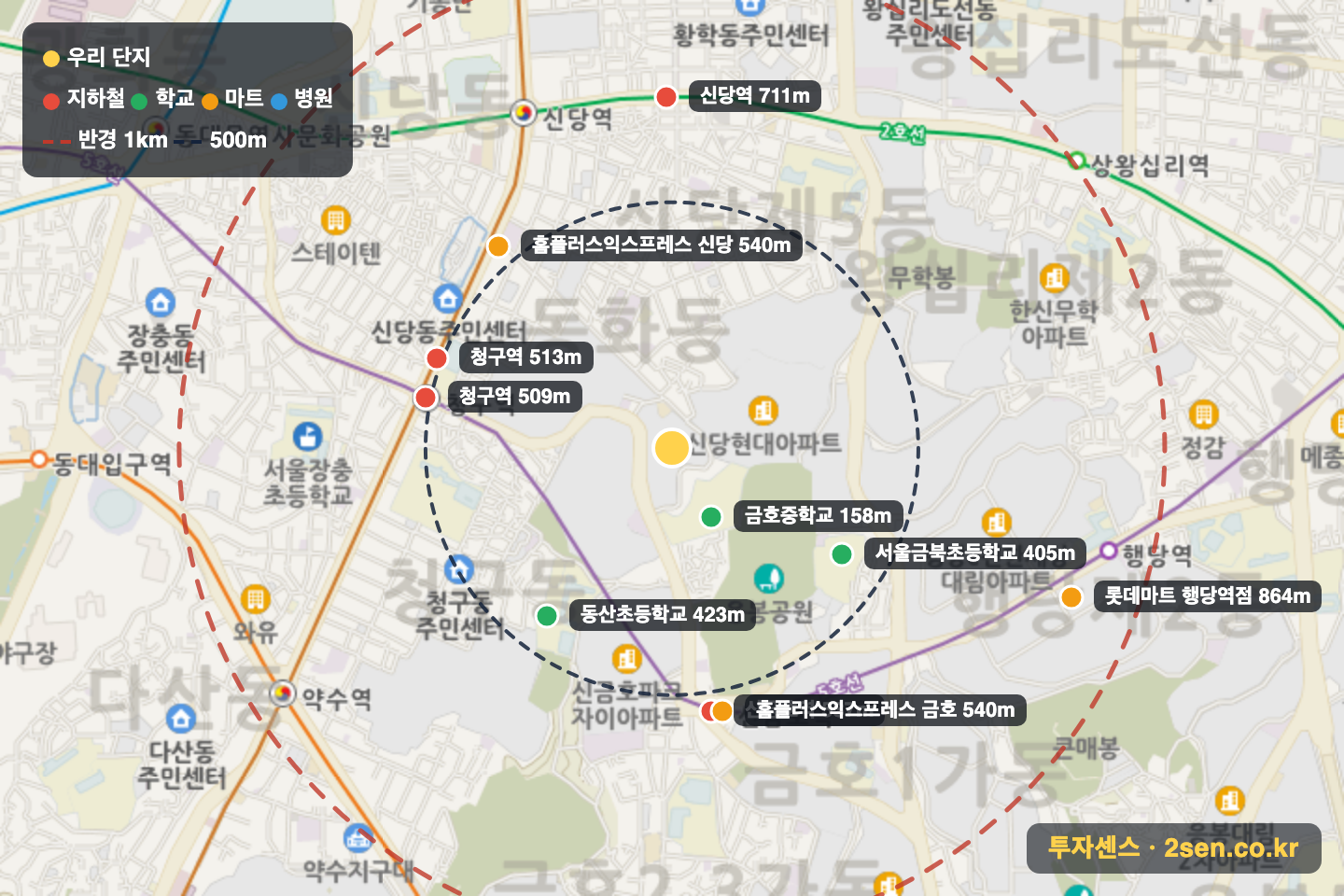신당푸르지오 반경 1km 입지 지도(지하철·학교·마트)