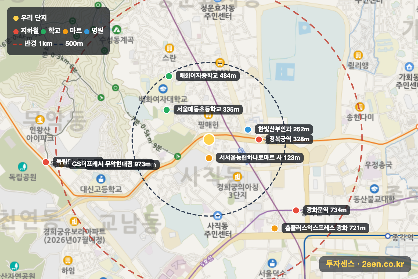 신동아블루아광화문의꿈 반경 1km 입지 지도(지하철·학교·마트)