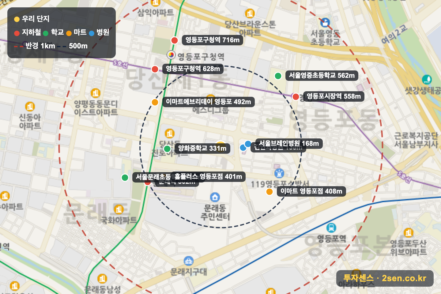신동아파밀리에 반경 1km 입지 지도(지하철·학교·마트)