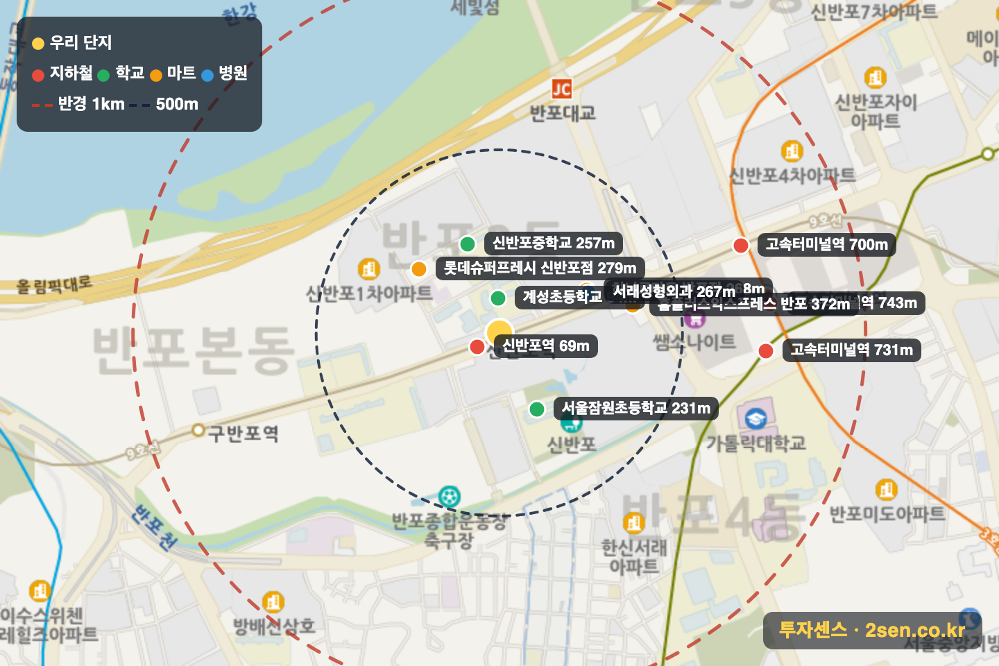 신반포2 반경 1km 입지 지도(지하철·학교·마트)