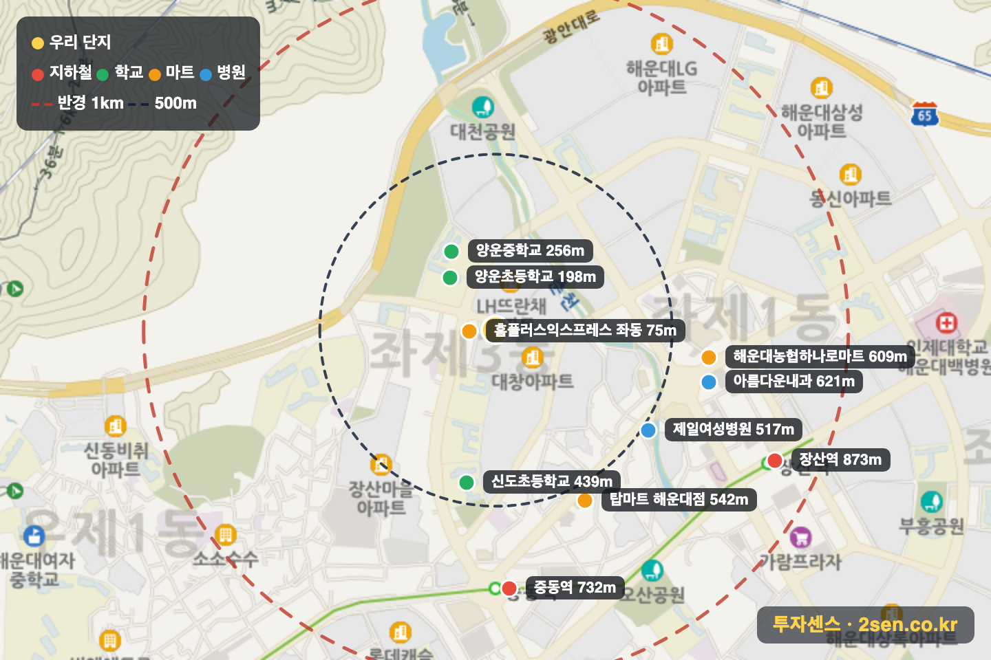 신성 반경 1km 입지 지도(지하철·학교·마트)