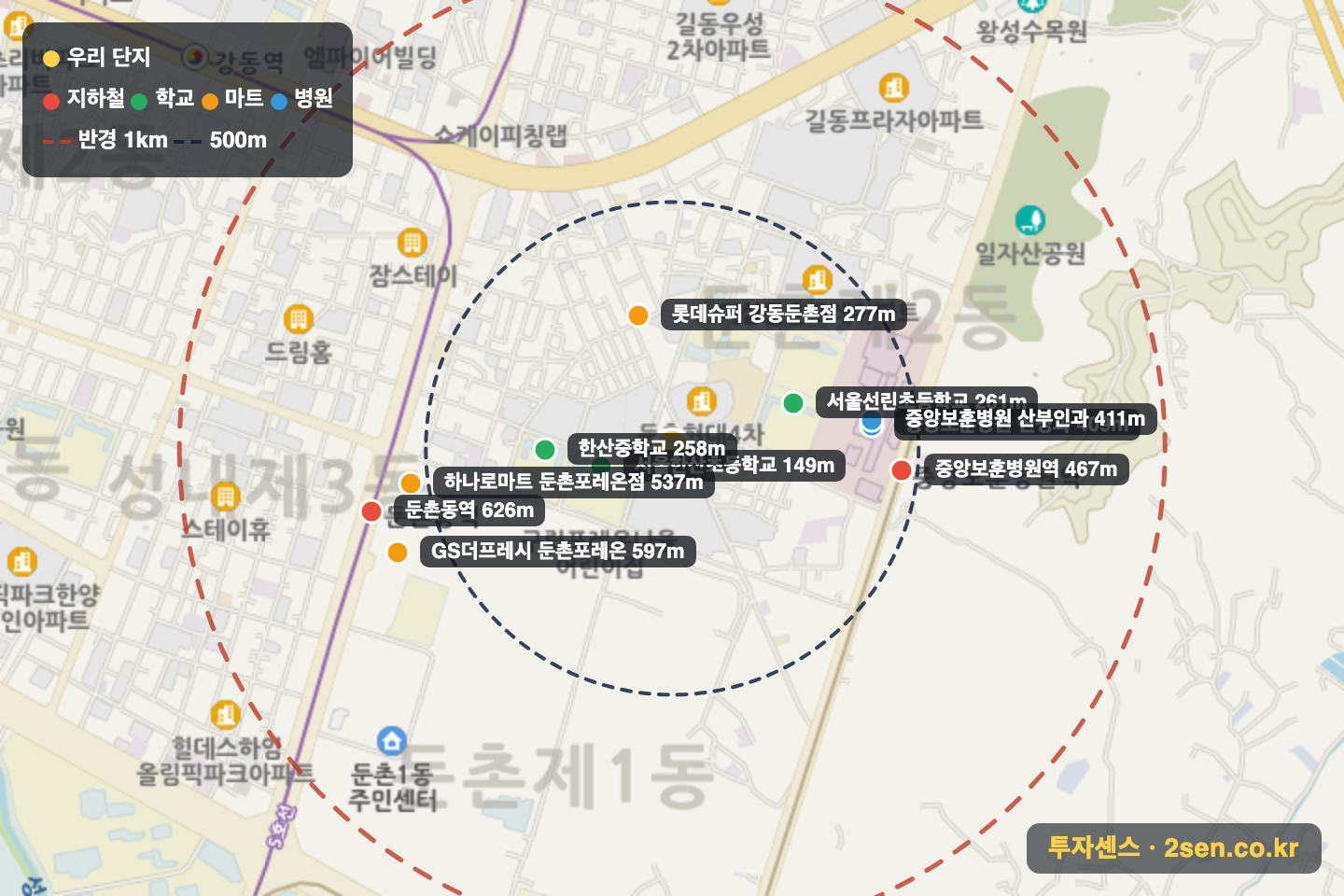 신성둔촌미소지움2 반경 1km 입지 지도(지하철·학교·마트)