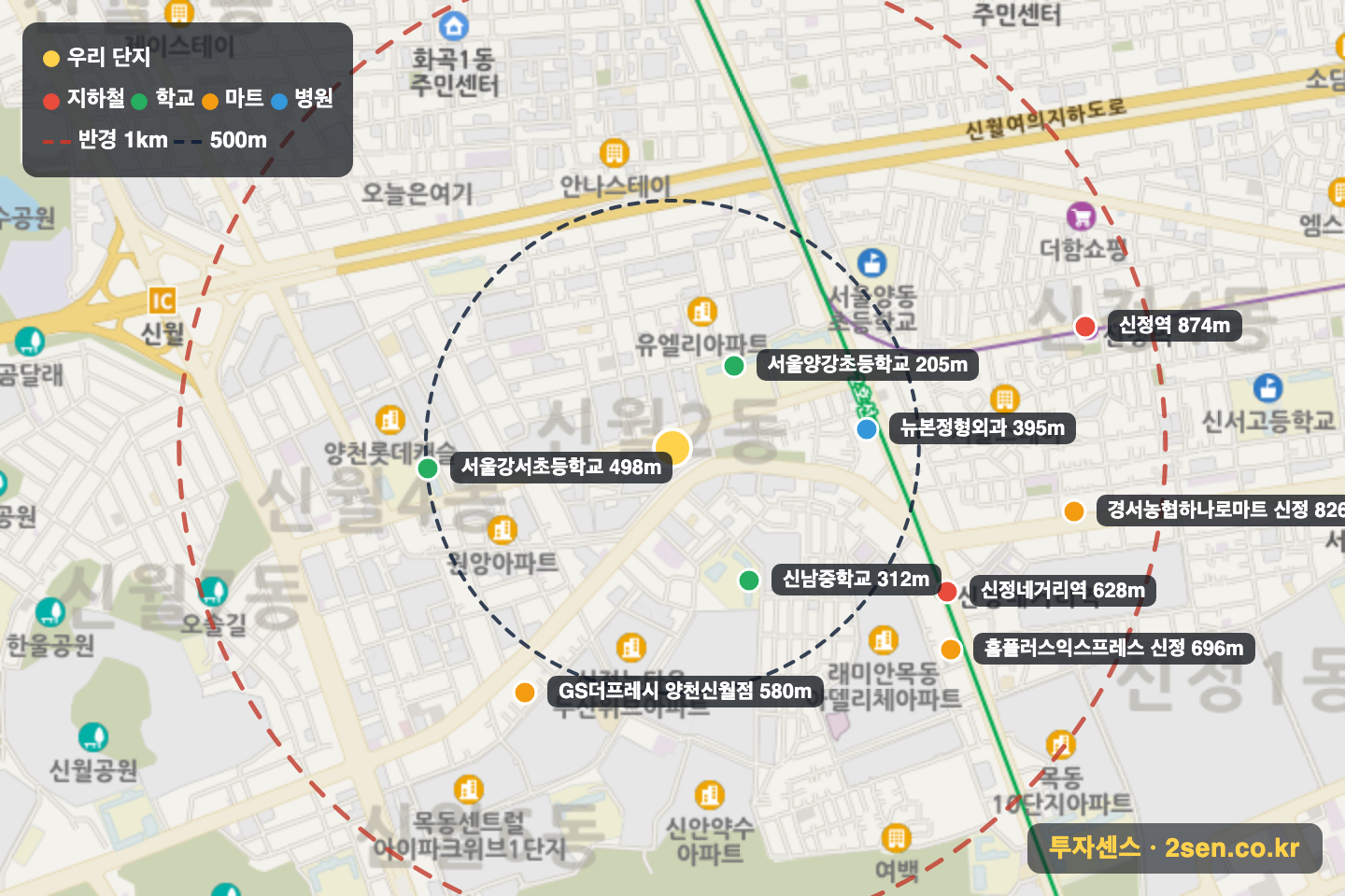 신성미소지움 반경 1km 입지 지도(지하철·학교·마트)