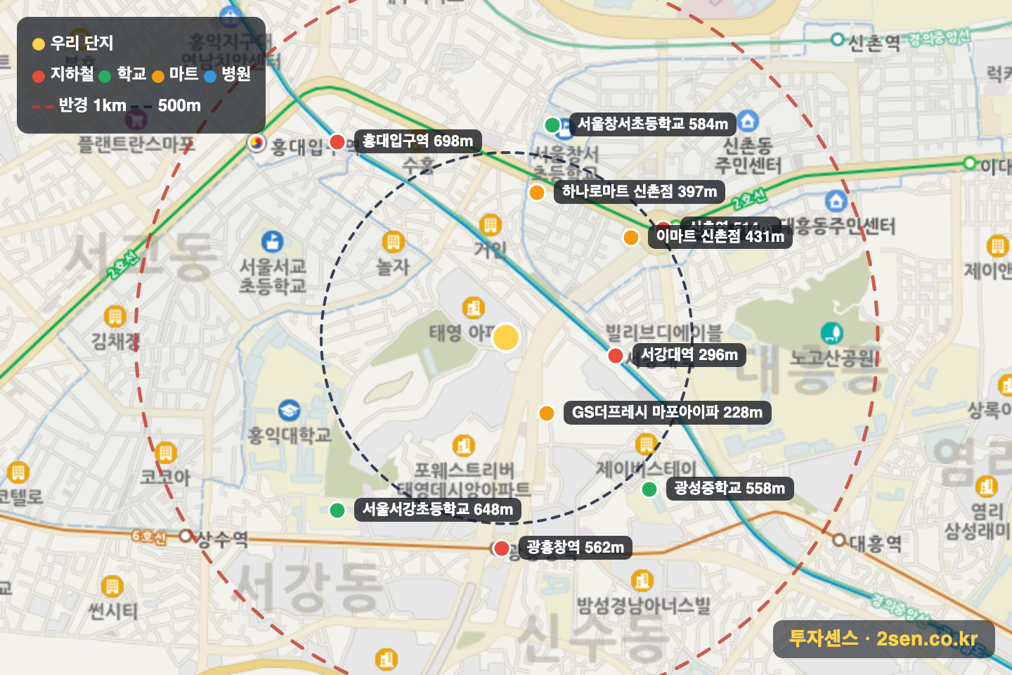 신촌금호 반경 1km 입지 지도(지하철·학교·마트)