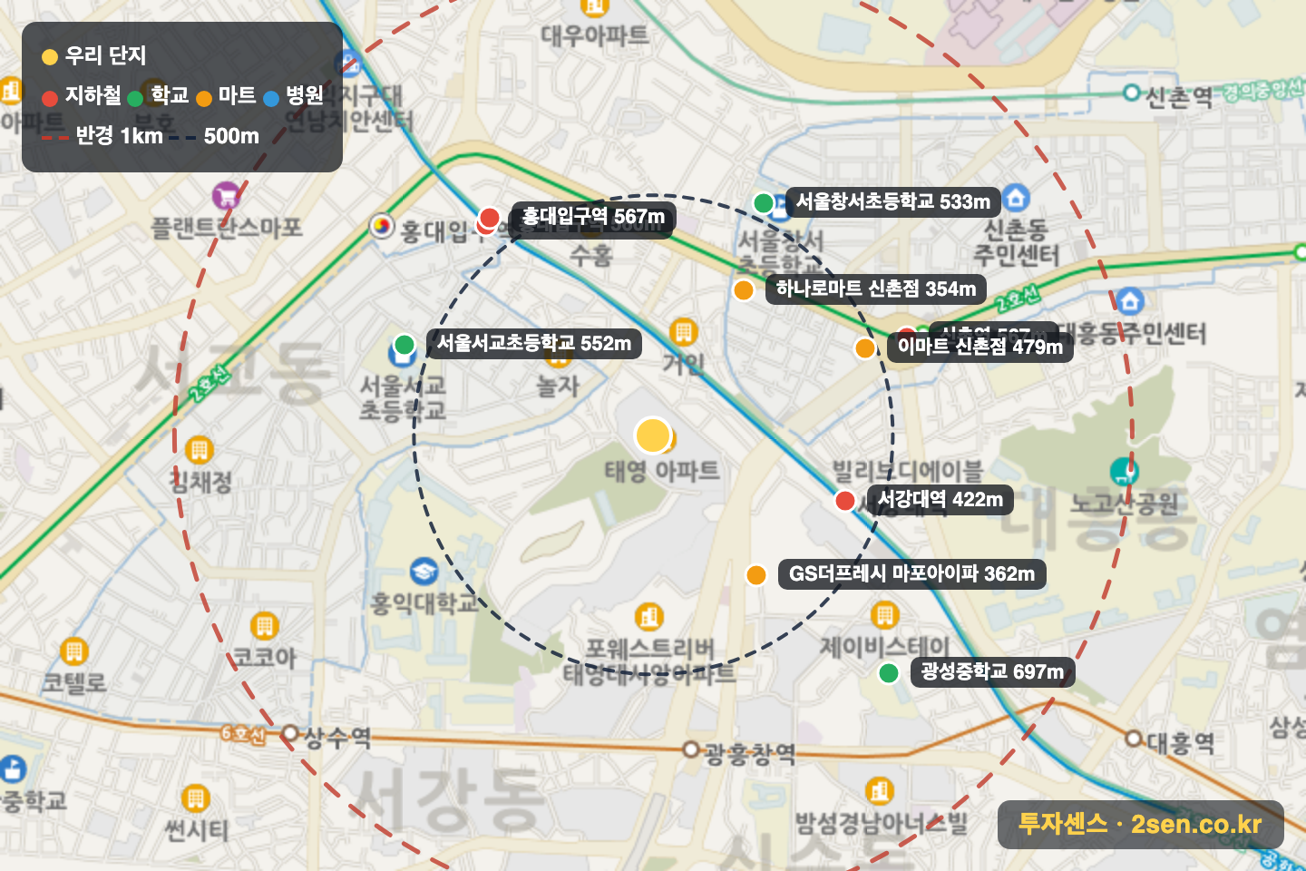 신촌태영데시앙 반경 1km 입지 지도(지하철·학교·마트)
