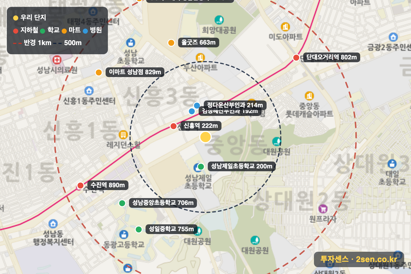 신흥역하늘채랜더스원3단지 반경 1km 입지 지도(지하철·학교·마트)